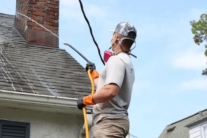 Mentor Power Washing professional performing gentle roof washing service in Mentor